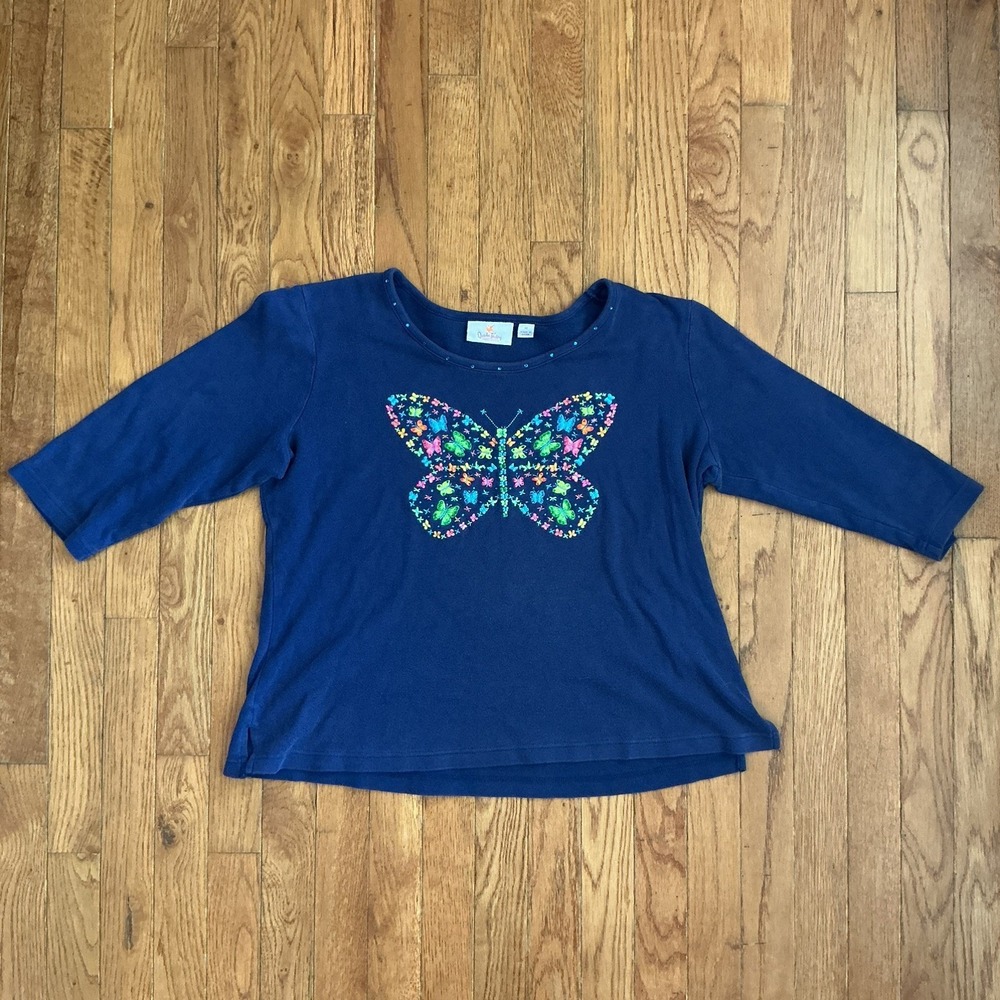 Quacker Factory Butterfly Embroidered Top Womens Medium Blue Stretch 3/4 Sleeve
